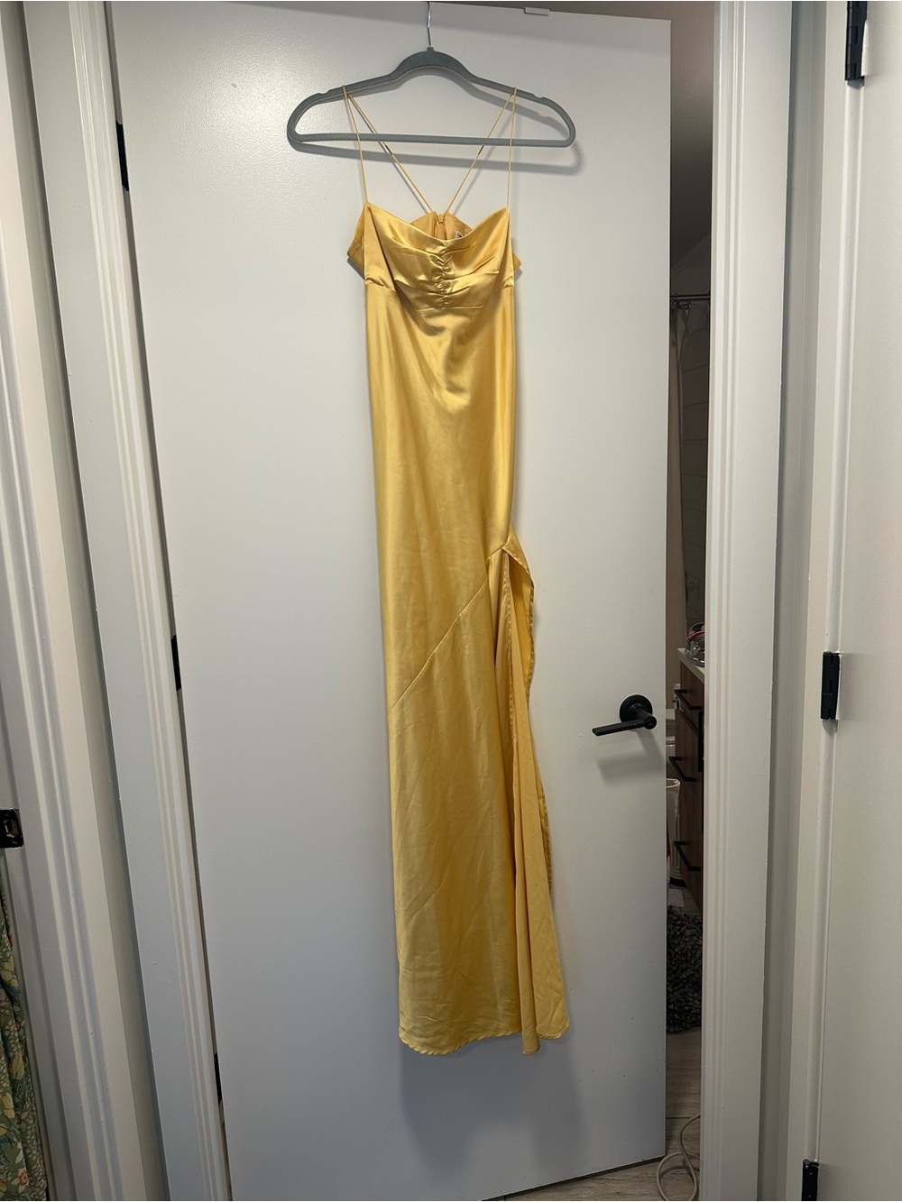 Yellow Satin Spaghetti-Strap Maxi Dress with Side Slit
